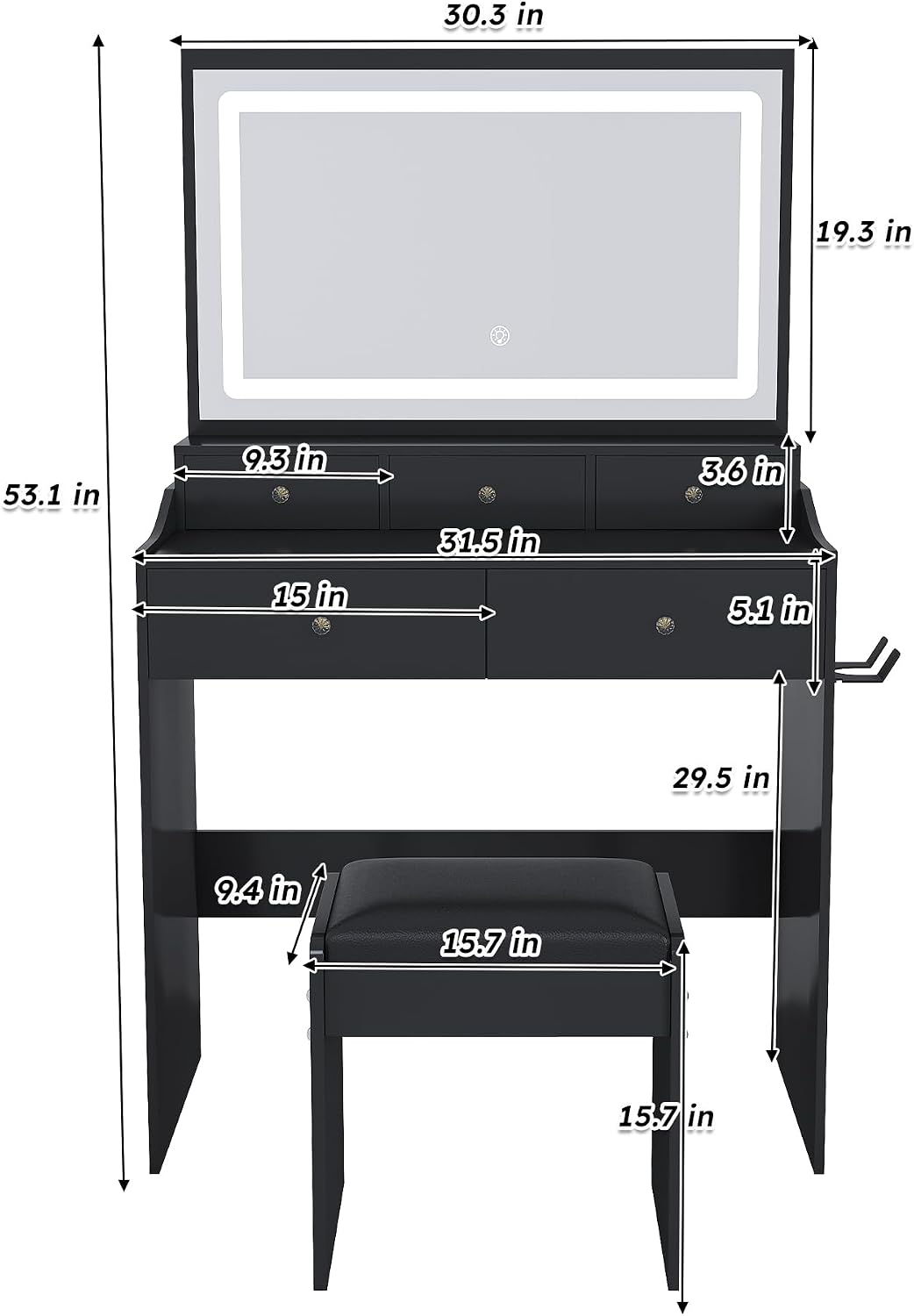 Vanity Desk with LED Light Mirror, Storage Makeup Vanity Table with Stool, 5 Drawers, Hairdryer Holder, Power Outlet, 3 Adjustable Lighting Colors, Dressing Table and Chair for Bedroom, Black