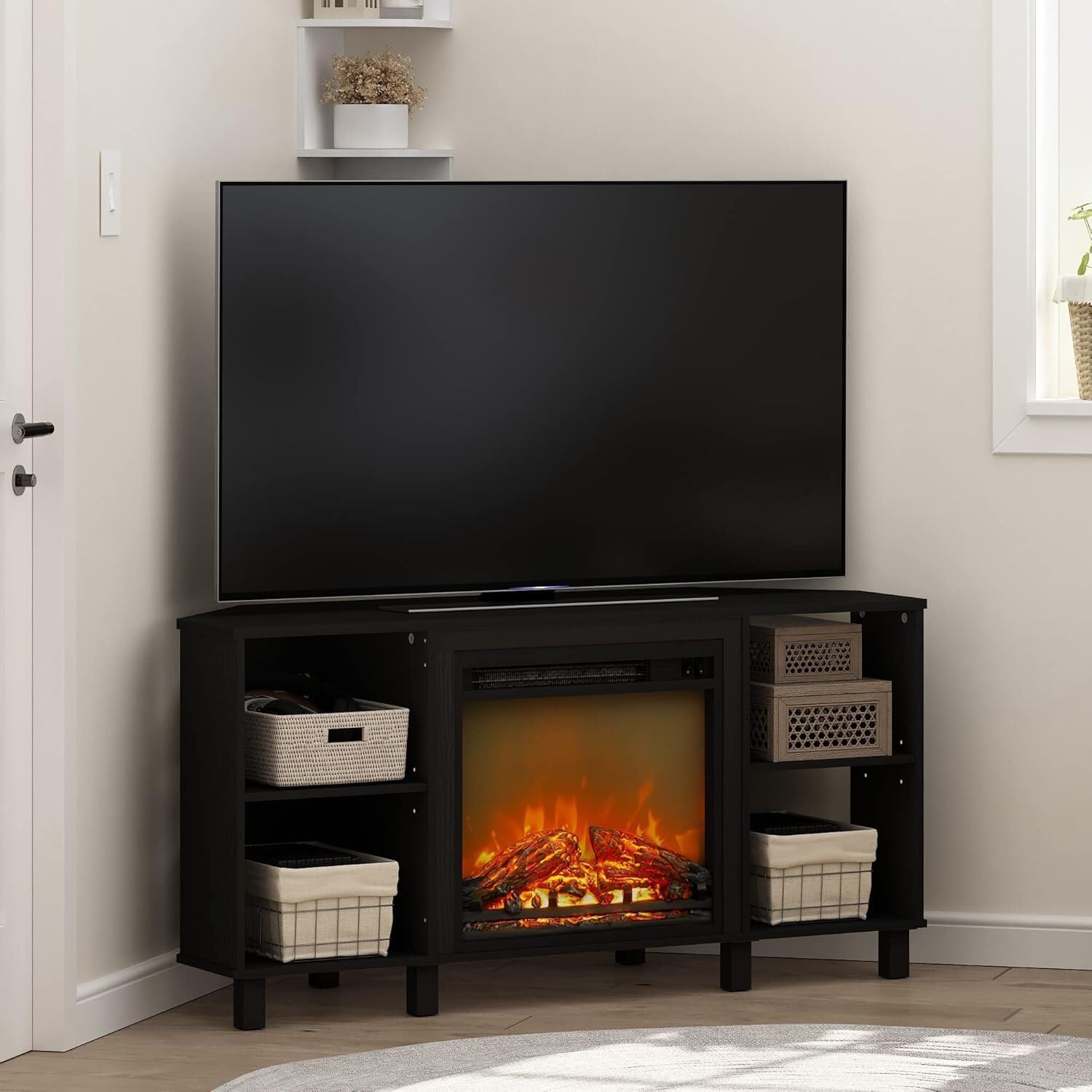 HomeStock Electric Fireplace TV Stand - Corner Entertainment Center for TVs up to 55 Inch Americano and Black/Corner with Legs