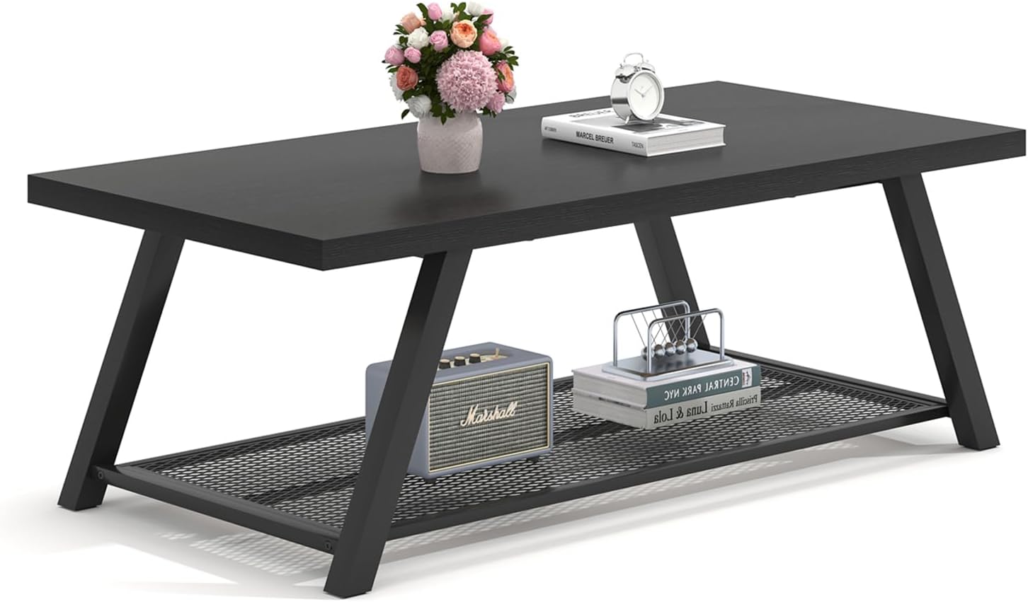 FOLUBAN Black Coffee Table with Storage, Modern Rustic Wood and Metal Coffee Tables for Living Room, 2-Tier Industrial Rectangle Cocktail Tea Table, 47 Inch