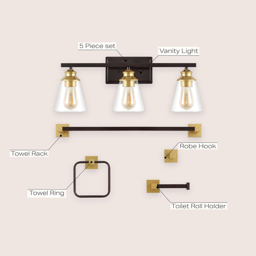 JONATHAN Y JYL1500B Arlo 22.88' 3-Light Vintage Classic Vanity Light with Bathroom Hardware Accessory Set, Oil Rubbed Bronze/Gold Painting (5-Piece) - Towel Bar & Ring, Toilet Paper Holder, Robe Hook