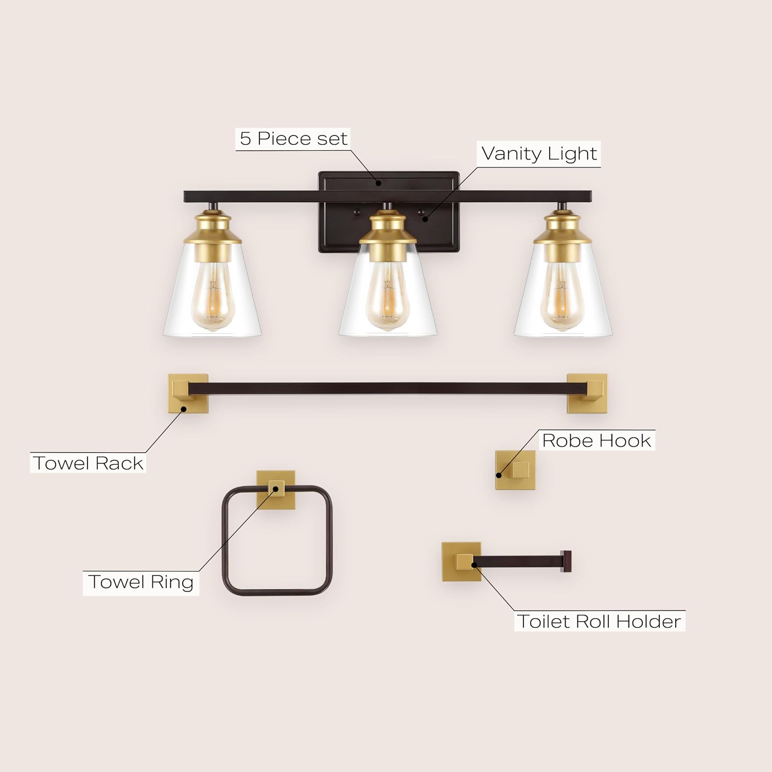 JONATHAN Y JYL1500B Arlo 22.88' 3-Light Vintage Classic Vanity Light with Bathroom Hardware Accessory Set, Oil Rubbed Bronze/Gold Painting (5-Piece) - Towel Bar & Ring, Toilet Paper Holder, Robe Hook