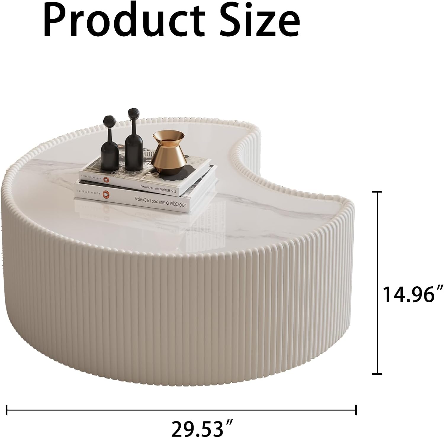 White Round Coffee Table with Sintered Stone Tabletop, 29.53' Drum Coffee Table with Fluted PU Leather Covered and Stable Base, Circle Cocktail Tea Table for Living Room