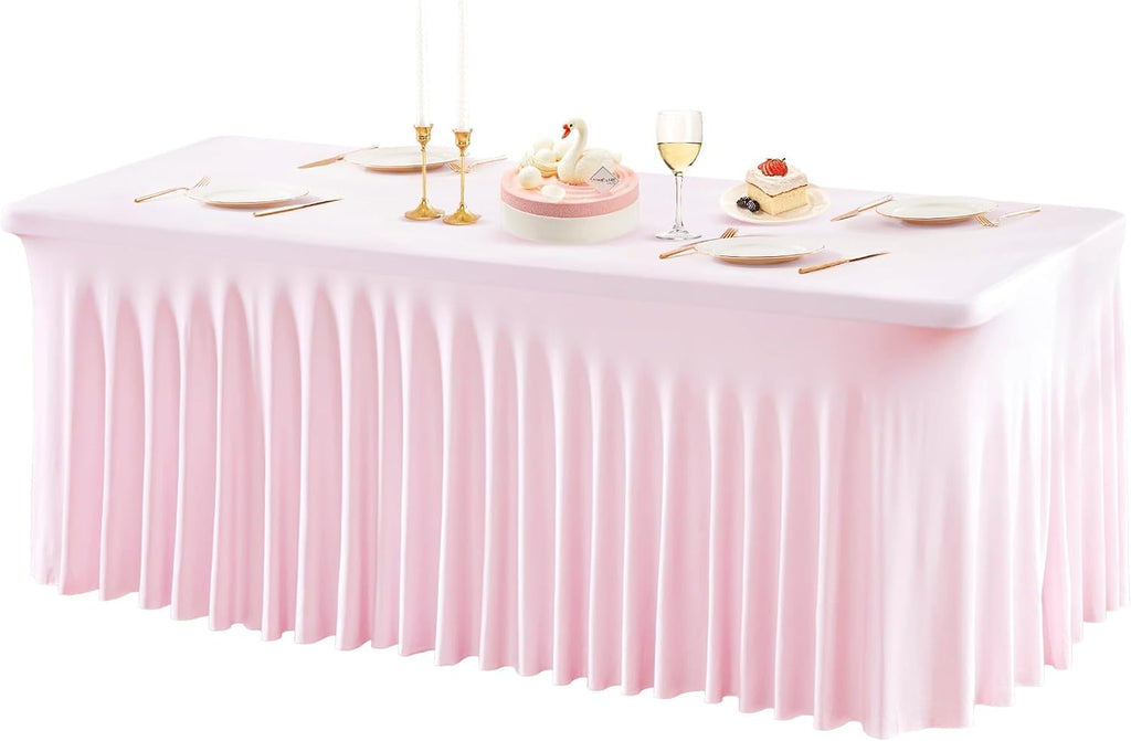 PARTISKY 6 Pack Pink Table Cover for Rectangle Tables 8ft,One-Piece Spandex Elastic Table Cloth with Skirt for Wedding Folding Table Banquet Baby Shower & Birthday Parties
