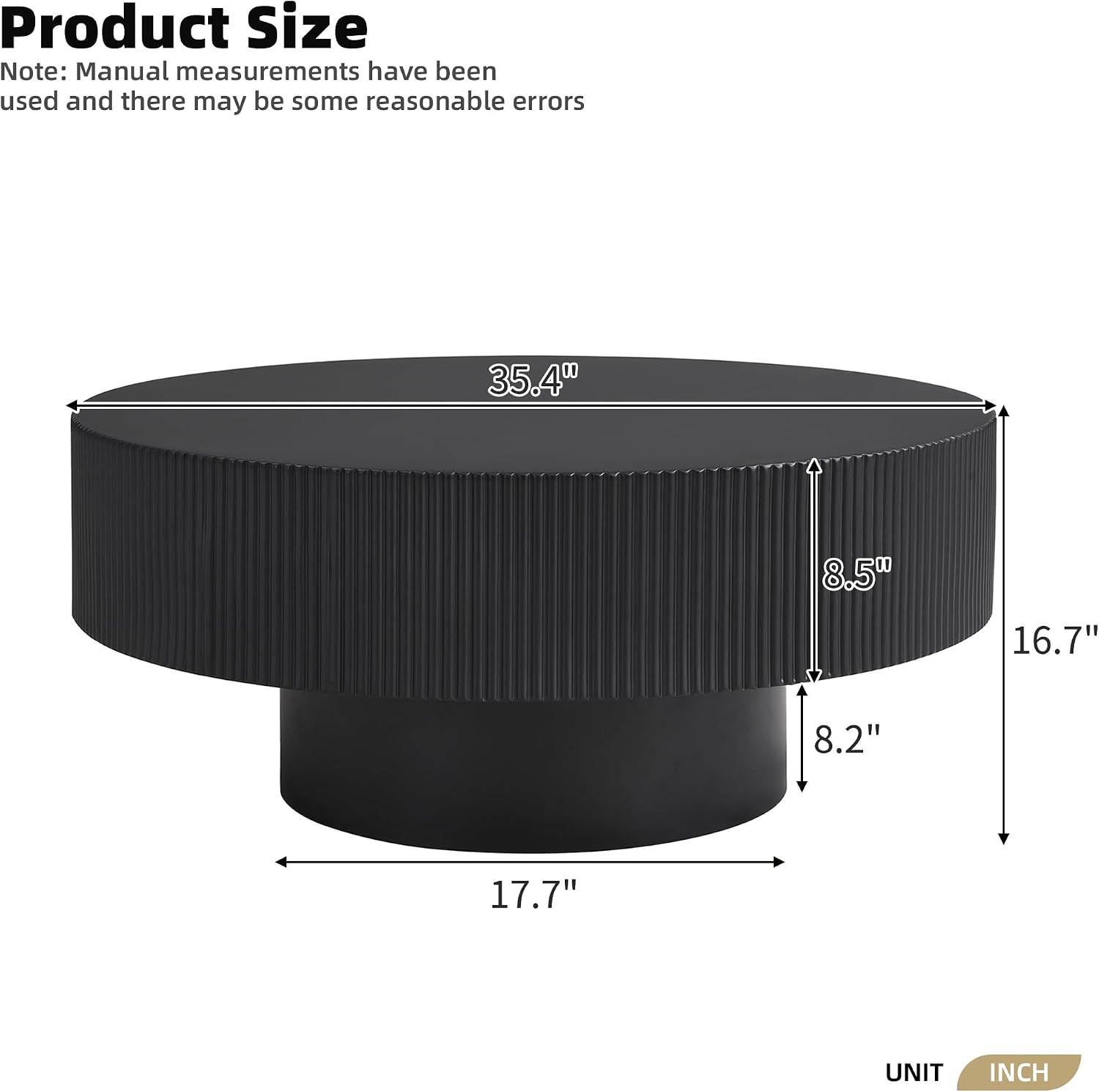 LUMISOL Round Fluted Coffee Table for Living Room, 35.4'' Center Table with Thick Tabletop, Wave Design Drum Tea Table with Sturdy Base, Black
