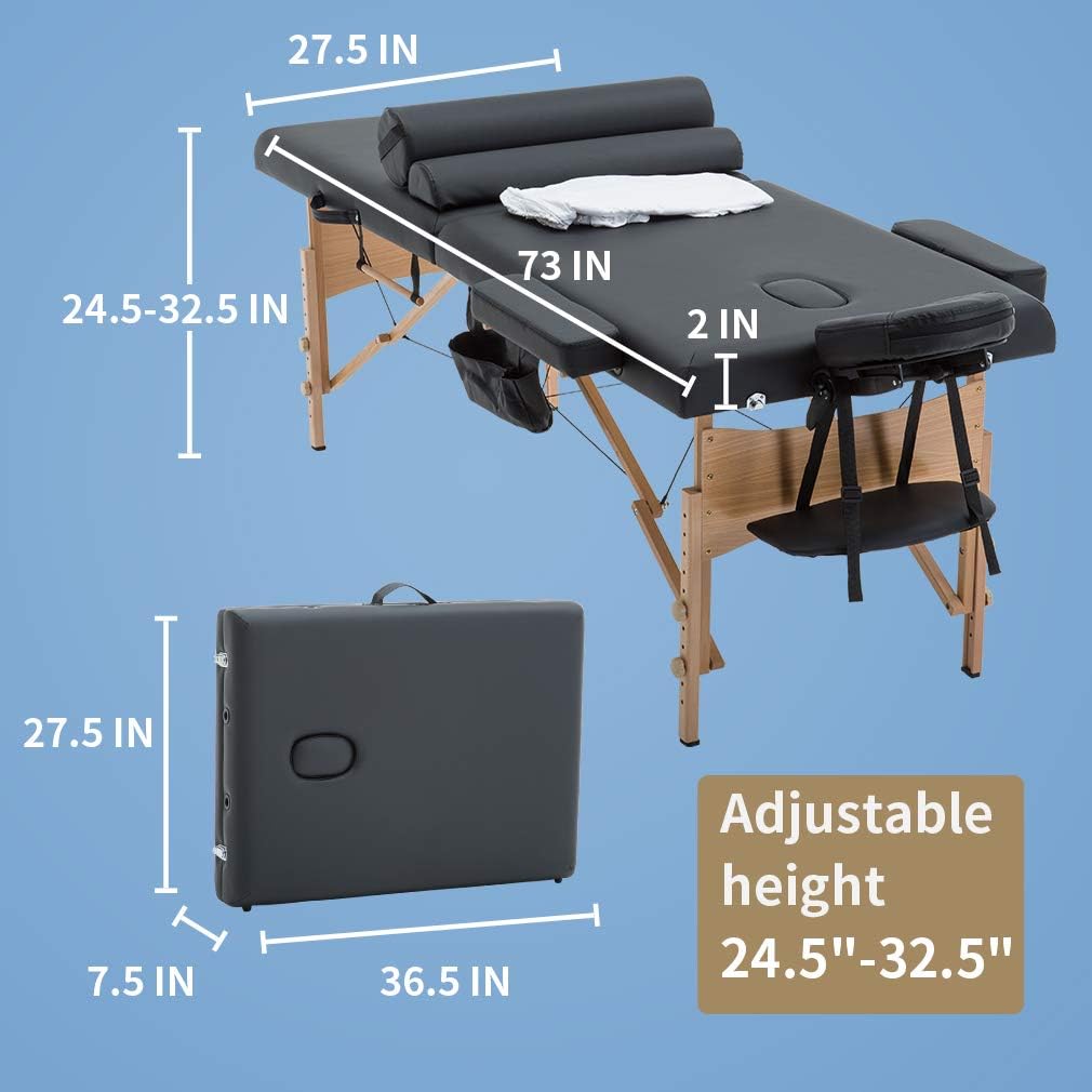 BestMassage Table Massage Bed Spa Bed 73 Inch Heigh Adjustable 2 Folding Portable Massage Table W/ Carry Case Salon Bed