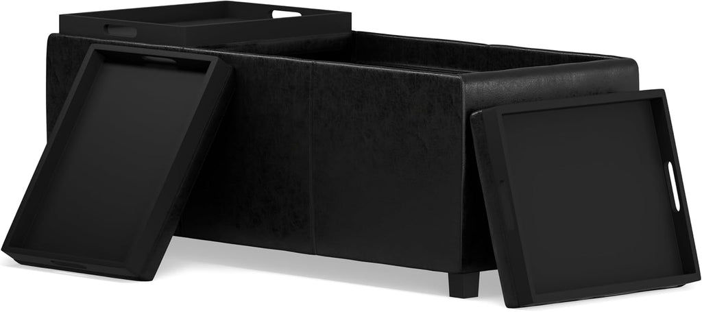 SIMPLIHOME Avalon Storage Ottoman - 42 inch Wide Upholstered Vegan Leather Rectangular Flip-Top Ottoman in Distressed Black, Contemporary Coffee Table Ottoman for Living Room with Hidden Storage