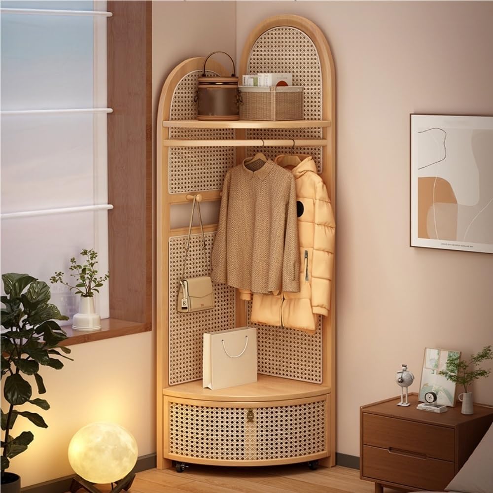 Corner Coat Rack with Shelves and Drawer, Wooden Tall Coat Rack with Shoe Storage for Clothes and Bags, Plastic Rattan Hall Tree with Shoe Storage for Bedroom(Natural)