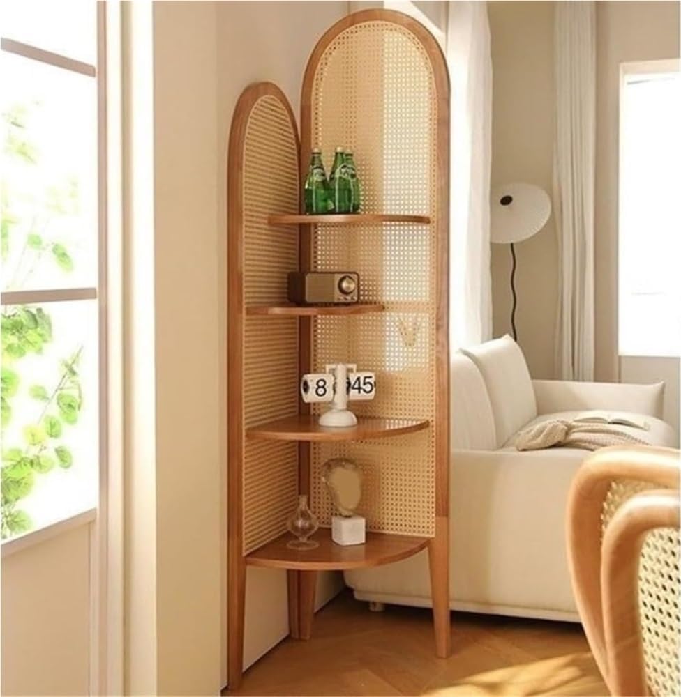 4 Tier Corner Shelf, Rattan Display Shelves with Solid Wood Frame, Bookshelf Stand for Living Room, Bedroom, or Office(Natural)