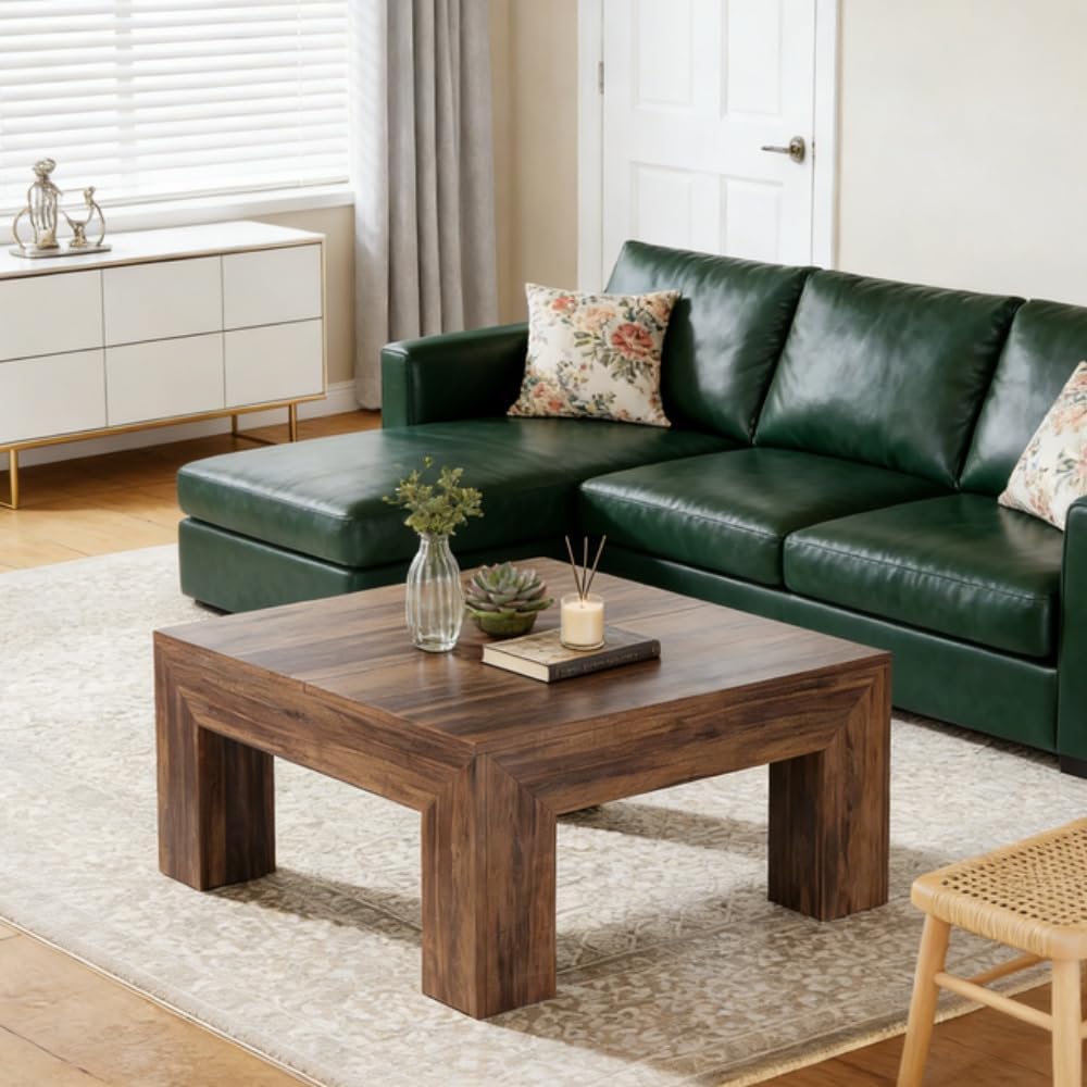 39.4' Square Coffee Table, Farmhouse Coffee Table with Sturdy Base, Mid-Century Modern MDF Accent Center Tea Tables for Living Room Apartment, Easy Assembly
