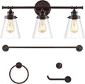 JONATHAN Y JYL1507A Hollis 23.75' 3-Light Traditional Farmhouse Vanity Light with Bathroom Hardware Accessory Set, Oil Rubbed Bronze (5-Piece) - Towel Bar & Ring, Toilet Paper Holder, Robe Hook