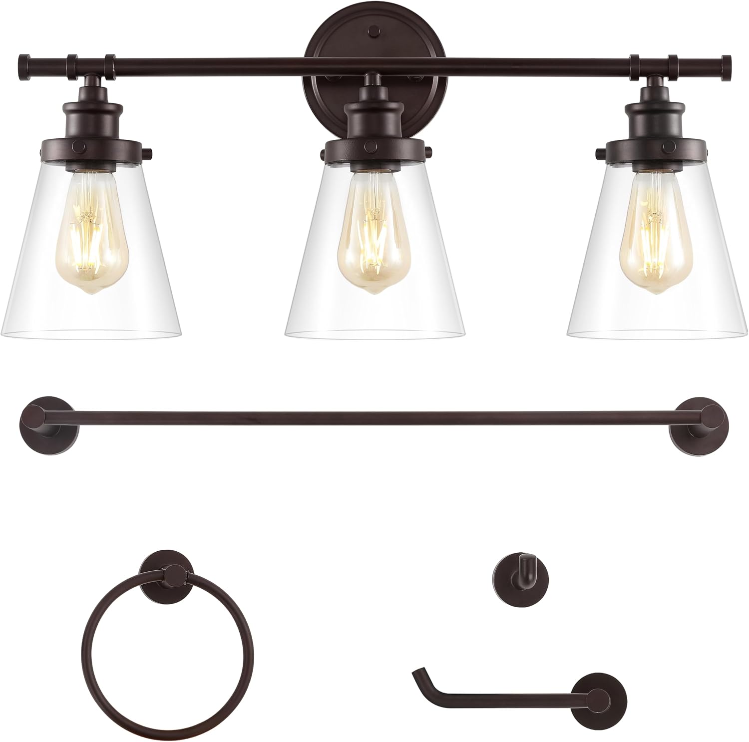 JONATHAN Y JYL1507A Hollis 23.75' 3-Light Traditional Farmhouse Vanity Light with Bathroom Hardware Accessory Set, Oil Rubbed Bronze (5-Piece) - Towel Bar & Ring, Toilet Paper Holder, Robe Hook