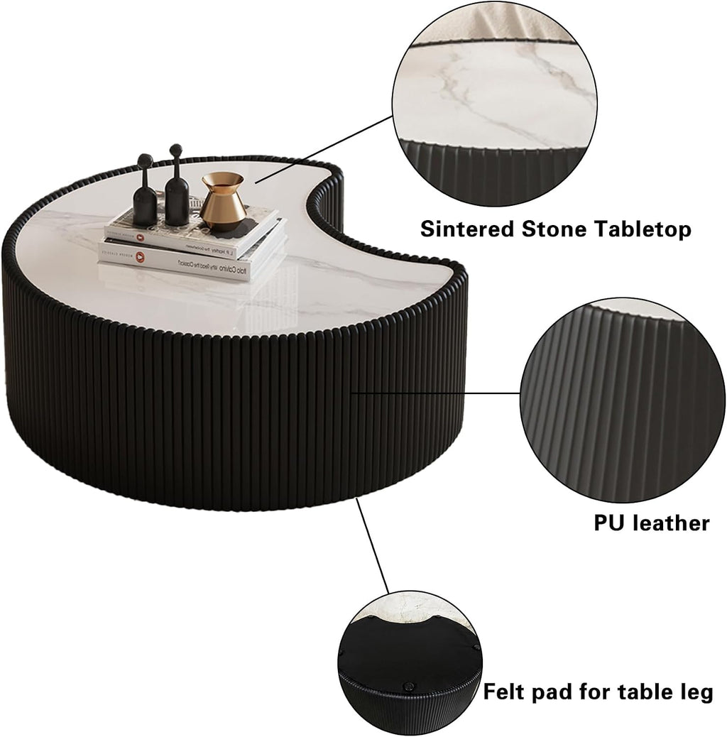 Black Round Coffee Table with Sintered Stone Tabletop, 29.53' Drum Coffee Table with Fluted PU Leather Covered and Stable Base, Circle Cocktail Tea Table for Living Room