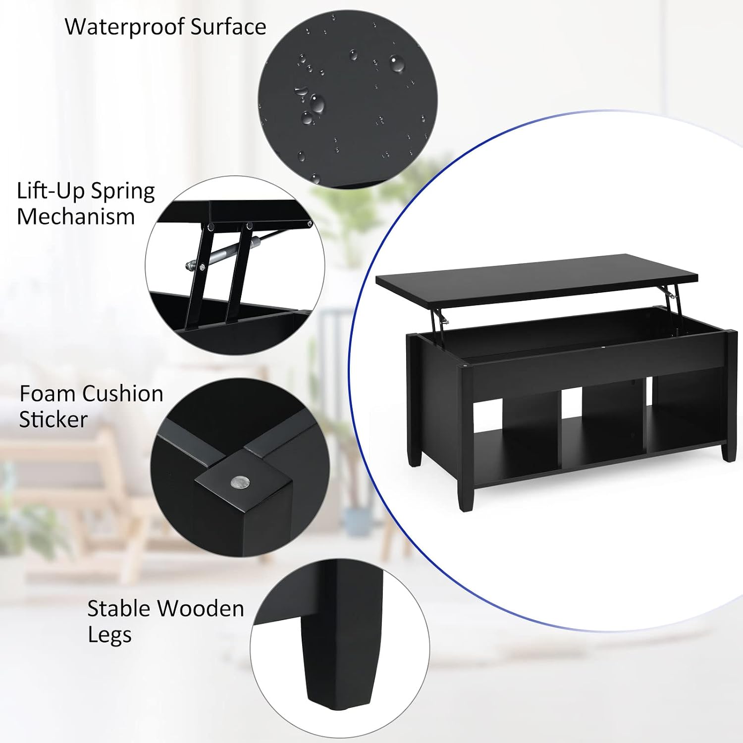 Tangkula Wood Lift Top Coffee Table, Modern Coffee Table w/Hidden Compartment and Open Storage Shelf for Living Room Office Reception Room (Black)