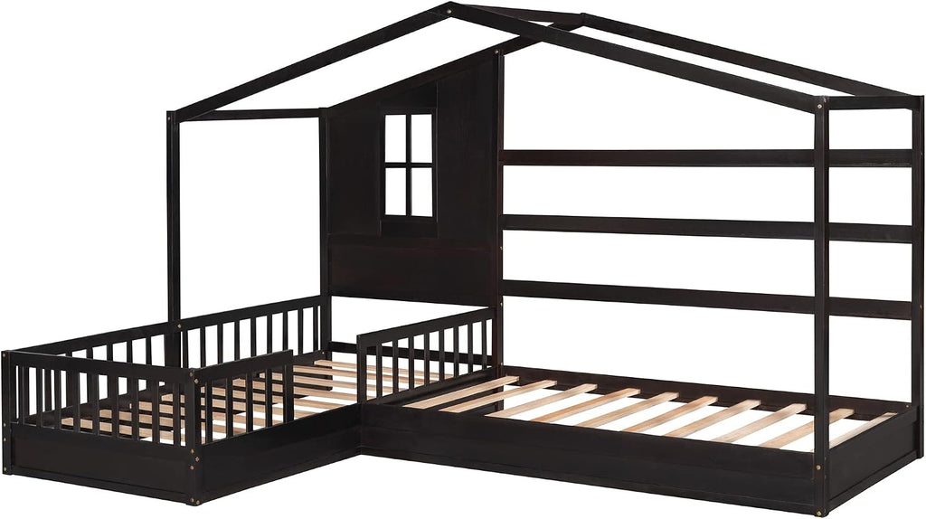 CITYLIGHT Wood L Shaped House Bed Frame, Twin Size Montessori Corner Bed with Roof, Window & Fence, Modern House Shaped Bed for 2 Kids, Espresso