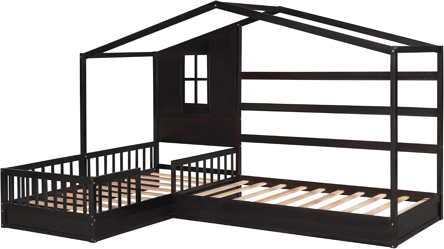 CITYLIGHT Wood L Shaped House Bed Frame, Twin Size Montessori Corner Bed with Roof, Window & Fence, Modern House Shaped Bed for 2 Kids, Espresso