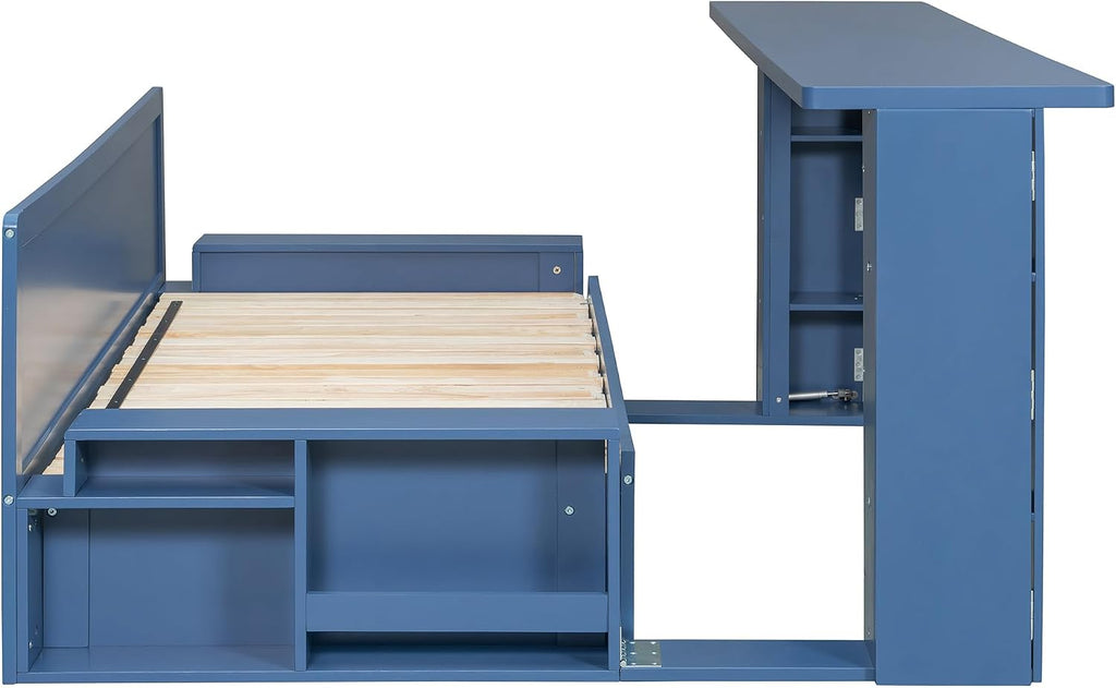 Wood Daybed Queen Size with Removable Desk and Extendable Armrests, 4-in-1 Multifunctional Design Daybed Sofa Bed with Storage Drawers & Hydraulic Side Table (Blue-11.27, Queen)
