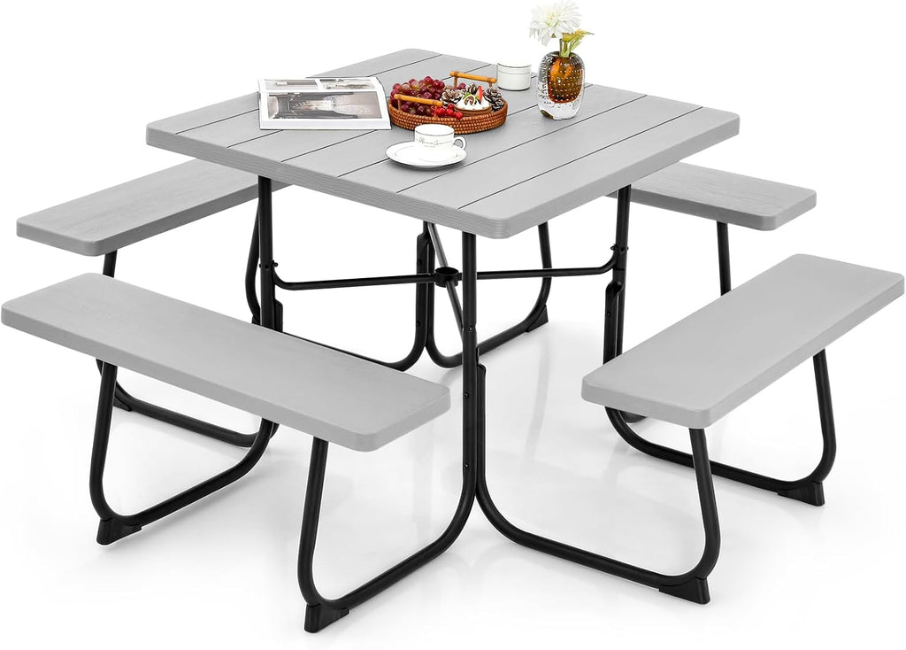 Tangkula 8 Person Picnic Table, Outdoor Square Picnic Table with 4 Built-in Benches, Umbrella Hole, Metal Frame & HDPE Tabletop, Outside Table and Bench Set for Backyard, 2300lbs Weight Capacity