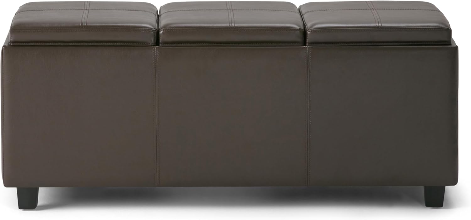 SIMPLIHOME Avalon Storage Ottoman - 42 inch Wide Upholstered Vegan Leather Rectangular Flip-Top Ottoman in Chocolate Brown, Contemporary Coffee Table Ottoman for Living Room with Hidden Storage