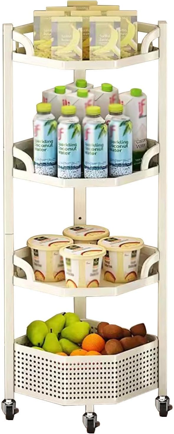 White Corner Shelf Stand, 4-Tier Corner Storage Rack, Corner Shelving Unit, Modern Display Shelf for Living Room, Bedroom, Kitchen (Color : with 1 Basket, Size : 4 Tier)