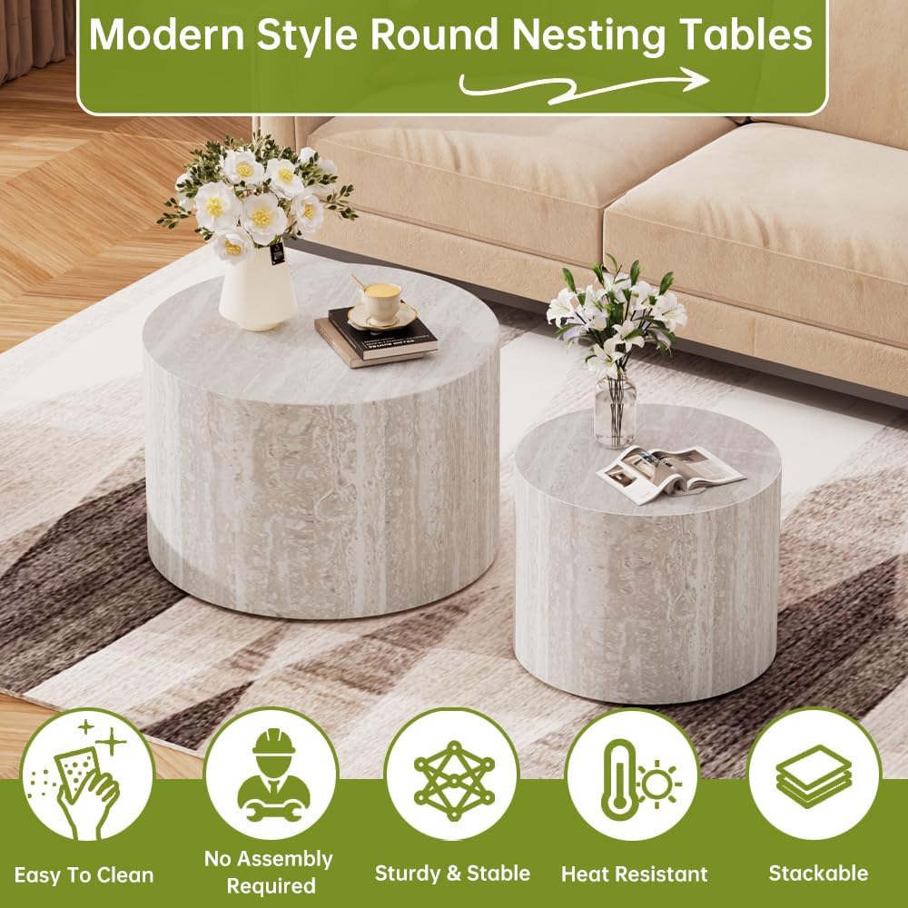 Round Nesting Coffee Tables Modern Travertine Coffee Table Small Round Coffee Tables Circular Side Table Accent End Table Nested Coffee Table Set for Living Room (Travertine B)