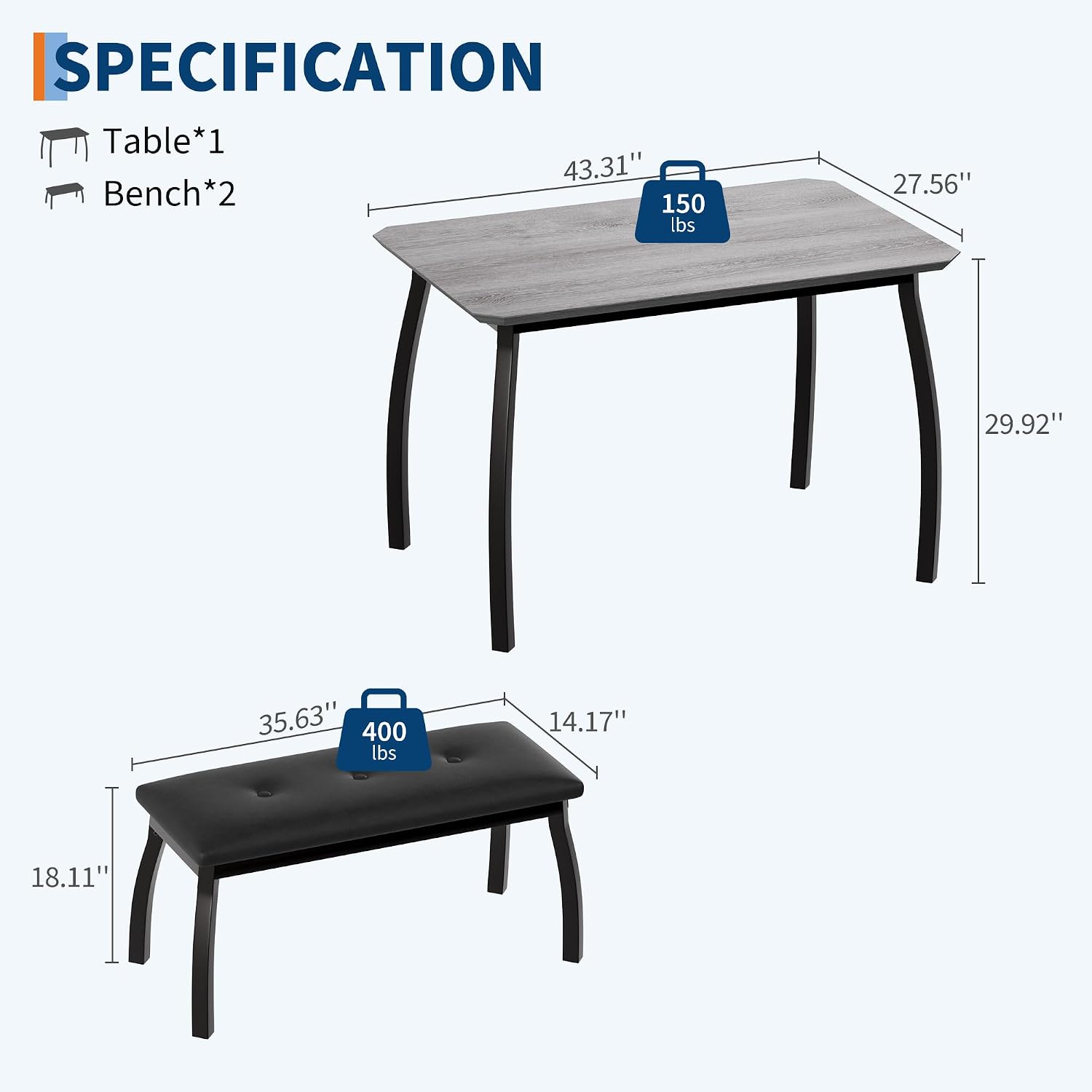 Dining Table for 4, 3-Piece Kitchen Table Set for 4 with Wooden Tabletop and Metal Frame, Industrial Kitchen Table with 2 PU Leather Benches for Bar, Dining Room, Restaurant(43''x28''x30''), Gray