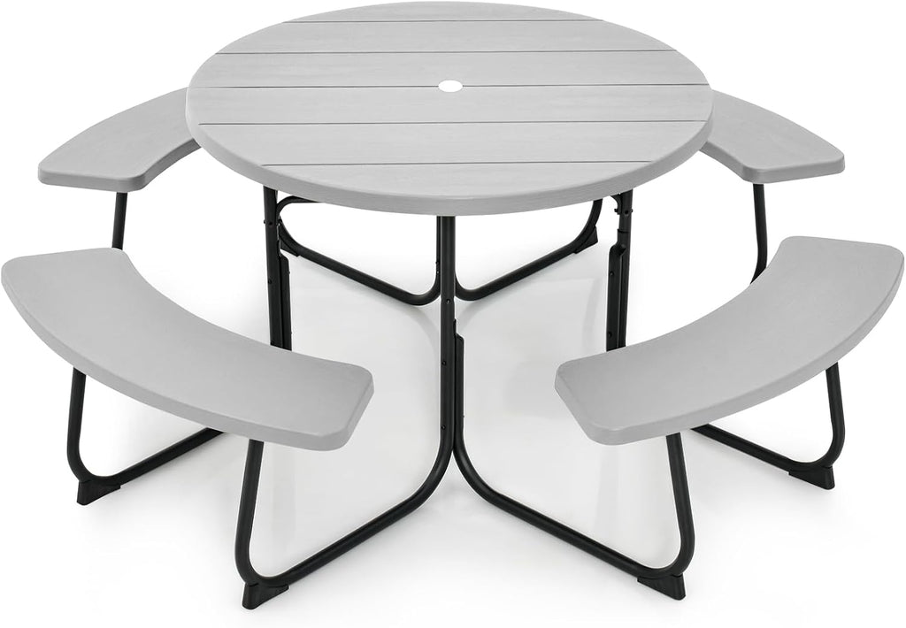 Tangkula 8 Person Picnic Table, Outdoor Round Picnic Table with 4 Built-in Benches, Umbrella Hole, Metal Frame & HDPE Tabletop, Outside Table and Bench Set for Backyard, 2300lbs Weight Capacity
