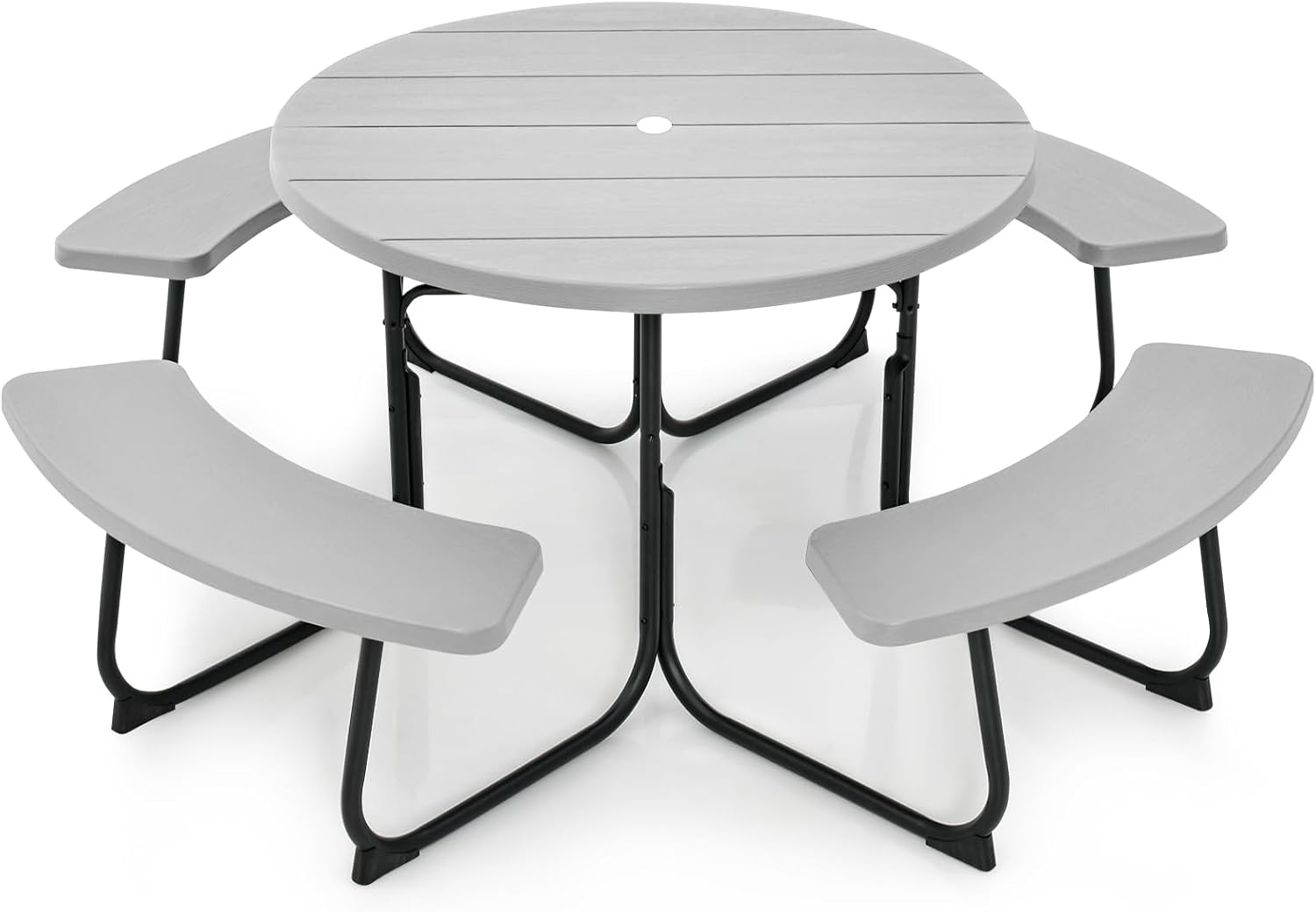 Tangkula 8 Person Picnic Table, Outdoor Round Picnic Table with 4 Built-in Benches, Umbrella Hole, Metal Frame & HDPE Tabletop, Outside Table and Bench Set for Backyard, 2300lbs Weight Capacity