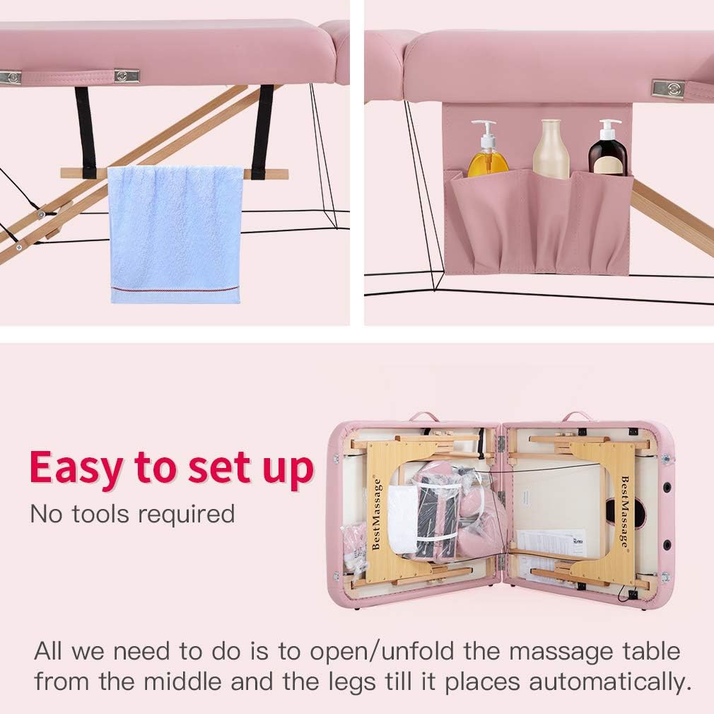 BestMassage Massage Bed Portable Massage Table 28 inch Wide Lash Bed Height Adjustable 2 Folding PU Leather with Towel Hanger Oil Pouch Half Bolster Round Bolster Non-Woven Bag