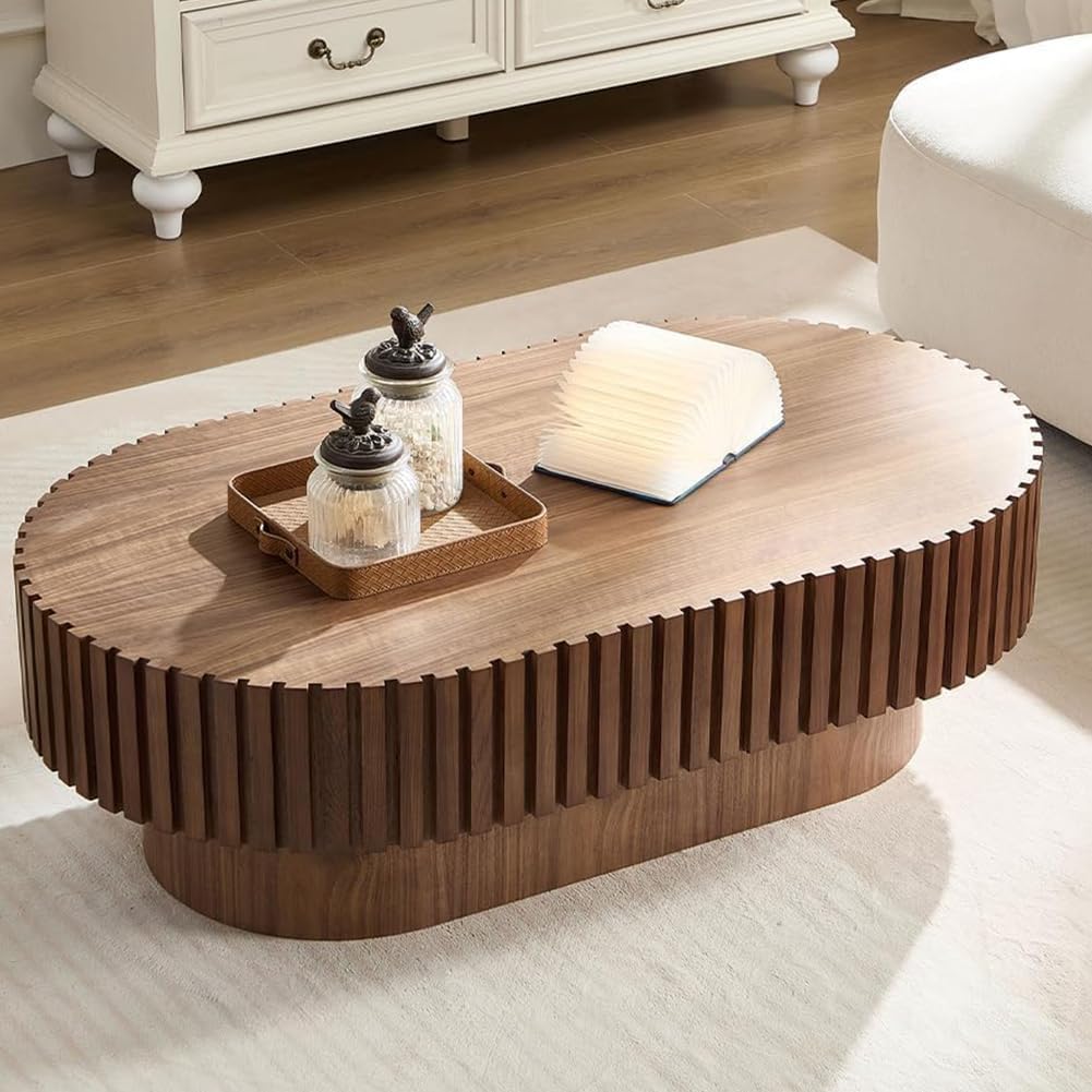 Oval Coffee Table for Living Room Fluted Coffee Table Mid Century Modern Center Table Wood Tea Table with Pedestal Home Furniture Office Apartment Easy Assembly 43.7' Walnut