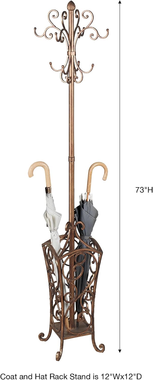 Touch of Class Kensington Coat and Hat Rack Stand, Antique Gold Finish | Metal Rack, Scrollwork Design, Eight Hanging Hooks, Bottom Umbrella Basket, Entryway Organization Solution