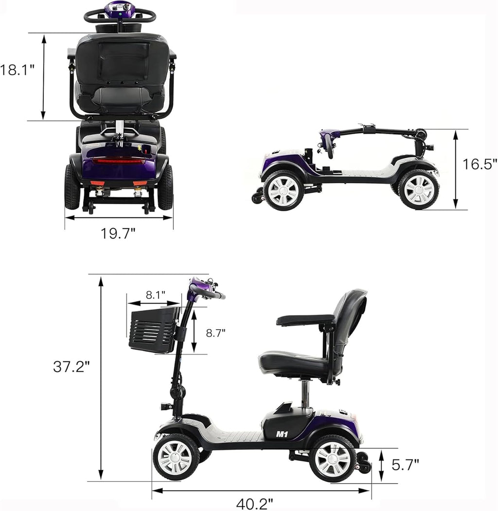 Mobility Scooters for Seniors 400 Lb Weight Capacity,Portable Folding Mobility Scooter, Travel Mobility Scooter,Heavy Duty Electric Powered Scooter W/Foldable Removable Disability Scooter,Purple