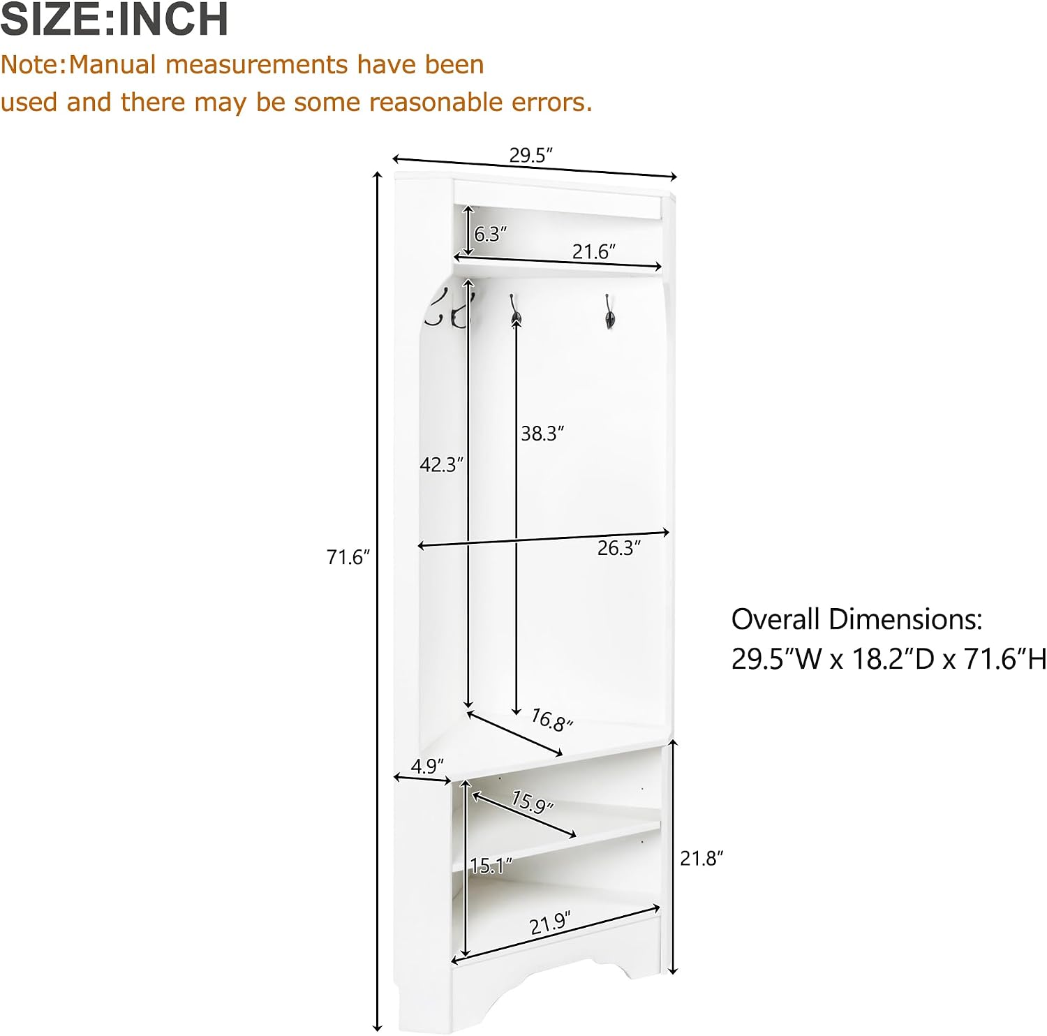 Corner Hall Tree, Versatile Wood Hall Tree with Shoe Bench & 4 Hooks, Modern Coat Rack Corner Cabinet with Adjustable Shelf for Hallway, Entryway, Bedroom,Living Room, White