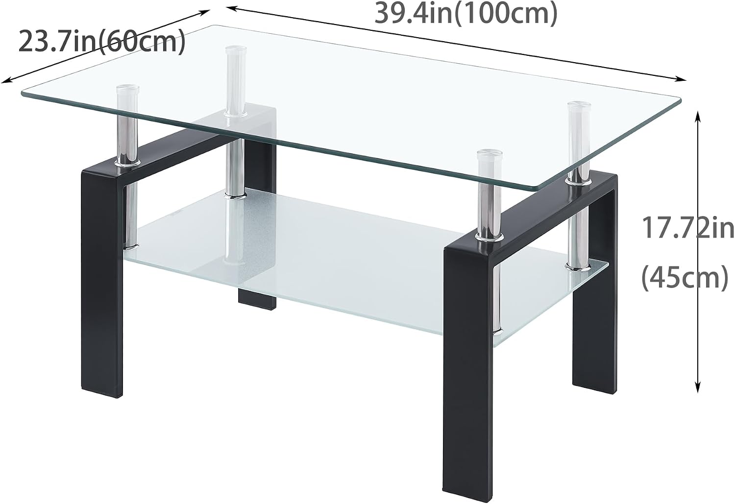 Glass Coffee Table Set of 3, Modern Clear Coffee and End Tables Set with Black Metal Legs, Small Waterfall Glass Coffee Table Set for Living Room, 3 PCS