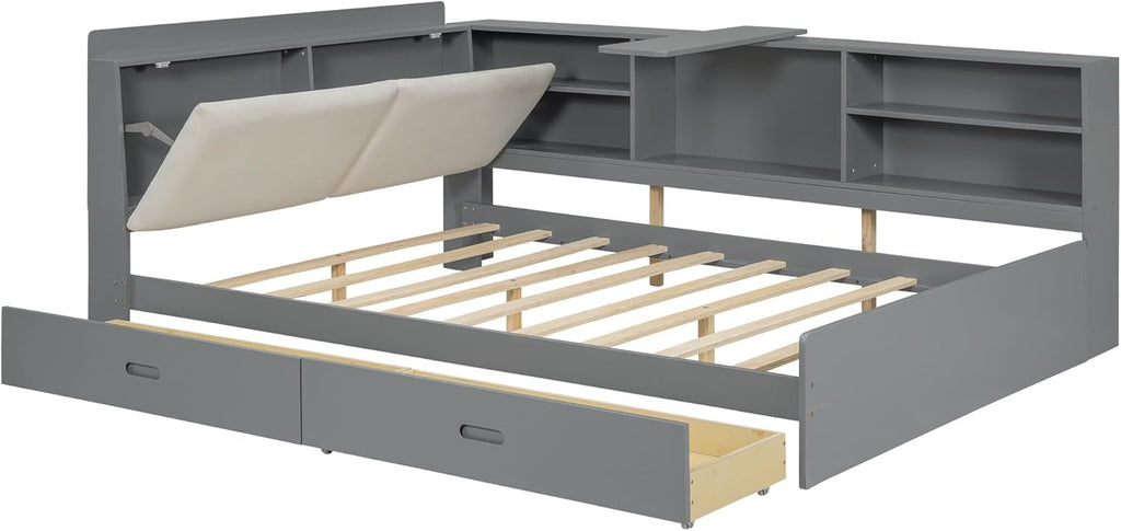 Full Daybed with Storage Headboard, Corner Platform Bed with Shelves, Storage Board and 2 Drawers, Solid Wooden Slats Support, Gray