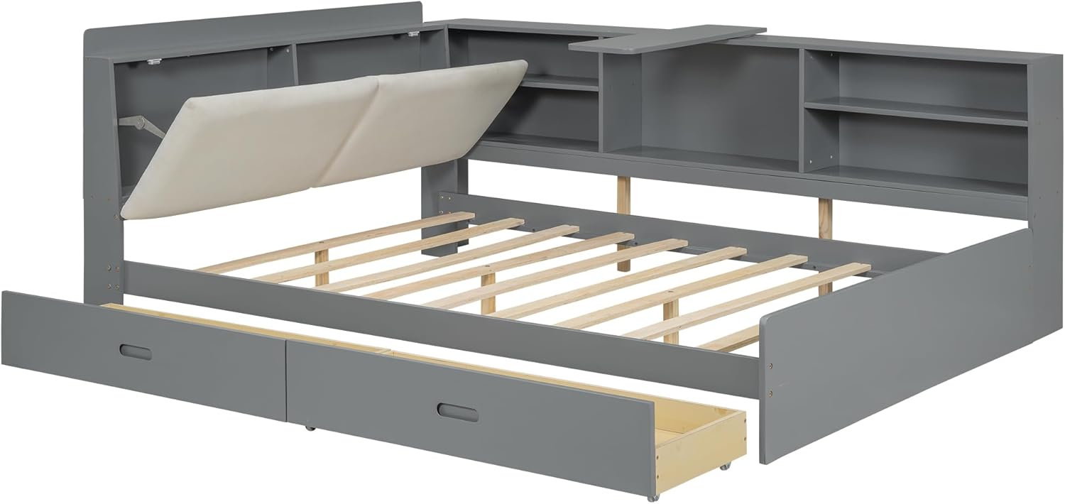 Full Daybed with Storage Headboard, Corner Platform Bed with Shelves, Storage Board and 2 Drawers, Solid Wooden Slats Support, Gray