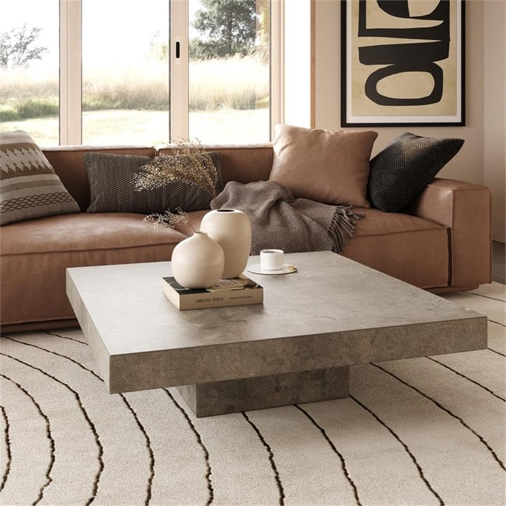 Pemberly Row Square Modern Concrete Coffee Table, 43 x 43 x 12 in, Fiber Reinforced Stone, Dark Gray Acrylic Sealed Finish, Elegant Sturdy Design for Living Room or Outdoor Use
