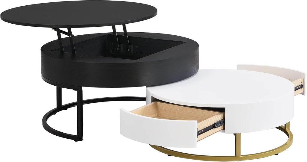 Modern Round Lift-top Nesting Coffee Tables with 2 Drawers for Living Room White & Black