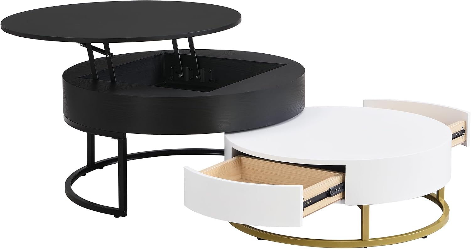 Modern Round Lift-top Nesting Coffee Tables with 2 Drawers for Living Room White & Black