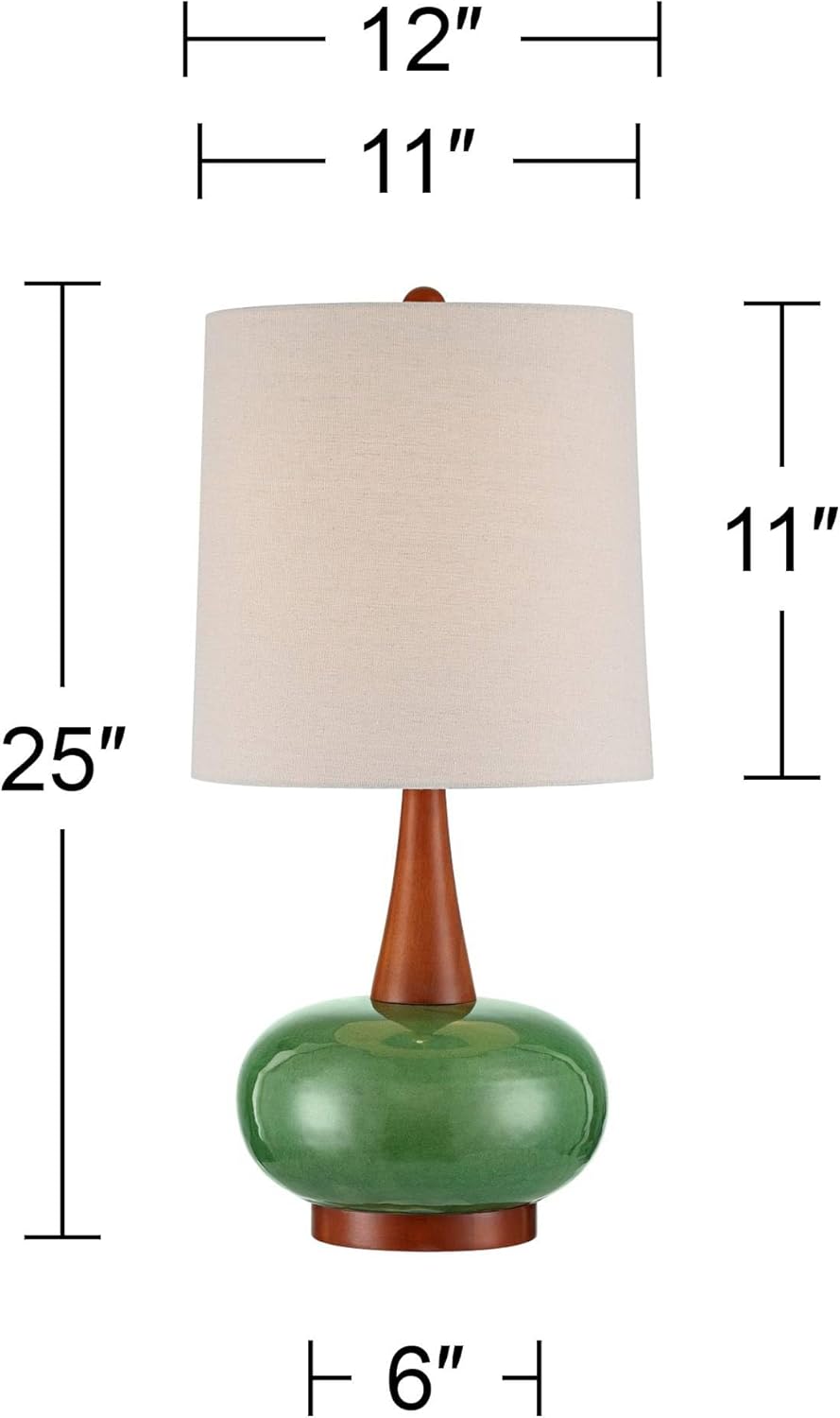 360 Lighting Andi 25' High Mid Century Modern 3-Way Table Lamp Green Ceramic Wood Finish Single Fabric White Shade Cottage Core Living Room Bedroom Bedside Nightstand House Office Colors May Vary