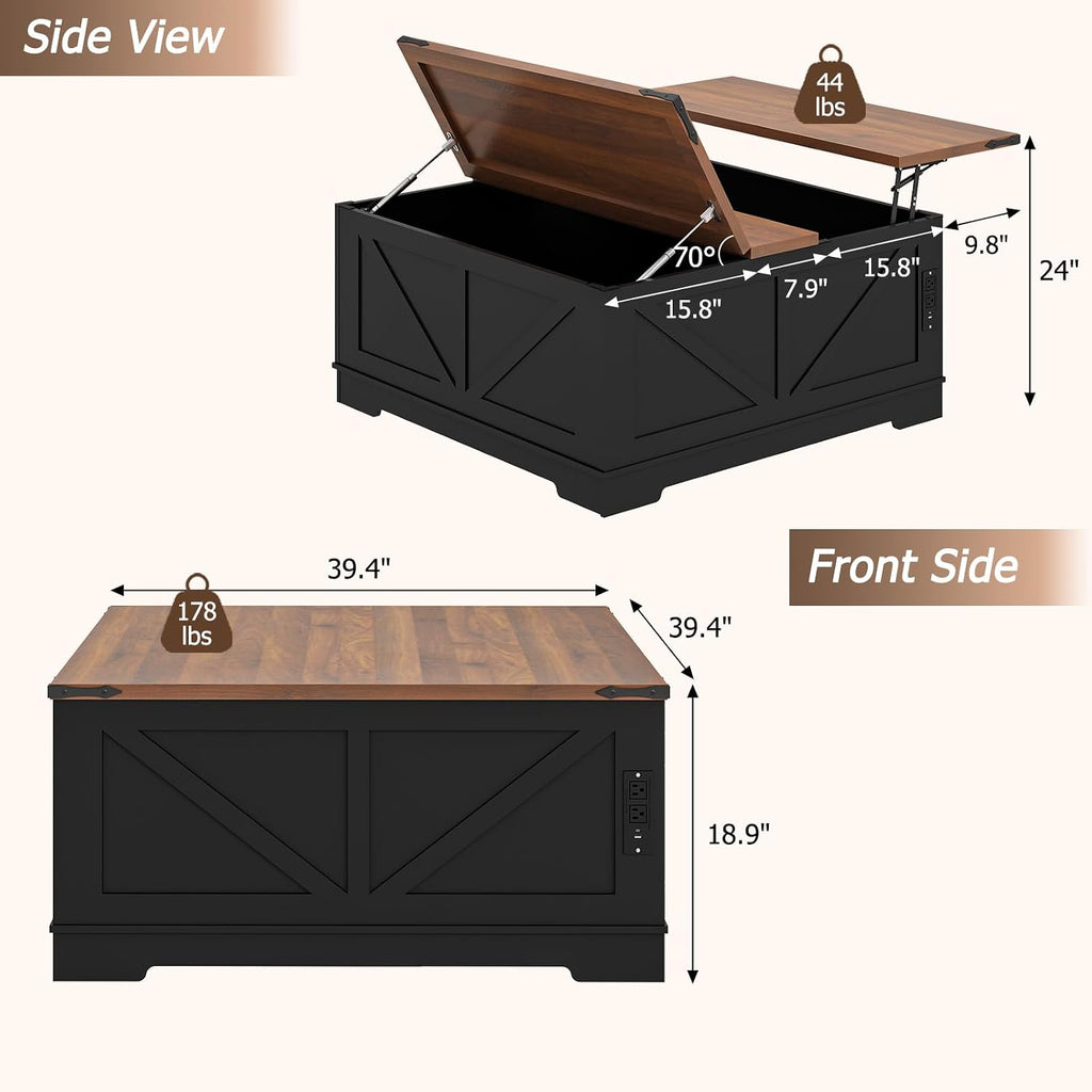 EAG 40' Large Farmhouse Lift Top Coffee Table with Hidden Compartment & Power Outlets, Square Wooden Coffee Table with Multi-Function Flip-Top Ample Storage Center Table for Living Room, Black