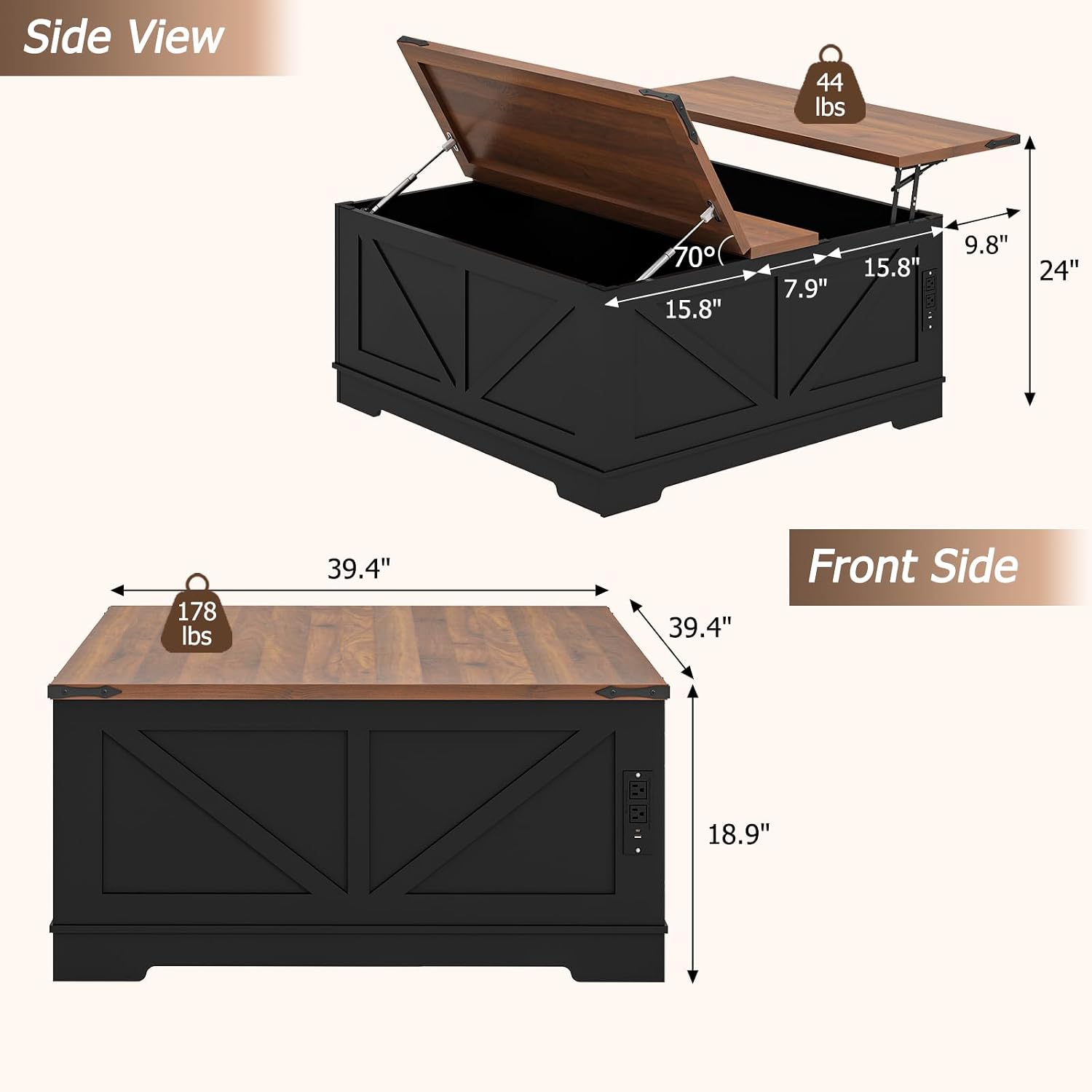 EAG 40' Large Farmhouse Lift Top Coffee Table with Hidden Compartment & Power Outlets, Square Wooden Coffee Table with Multi-Function Flip-Top Ample Storage Center Table for Living Room, Black
