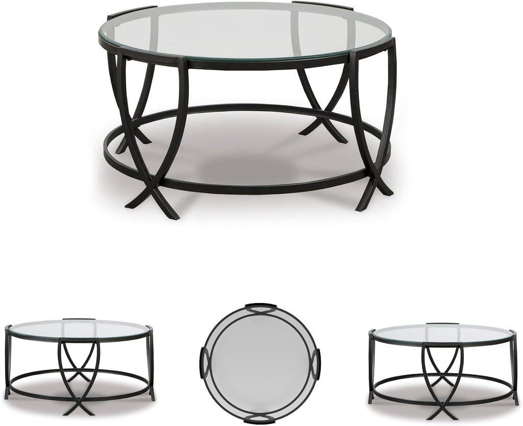 Signature Design by Ashley Tarrin Contemporary Glass Top Round 3-Piece Table Set, Includes Coffee Table and 2 End Tables, Black