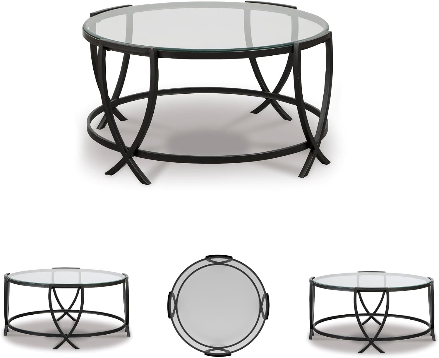 Signature Design by Ashley Tarrin Contemporary Glass Top Round 3-Piece Table Set, Includes Coffee Table and 2 End Tables, Black