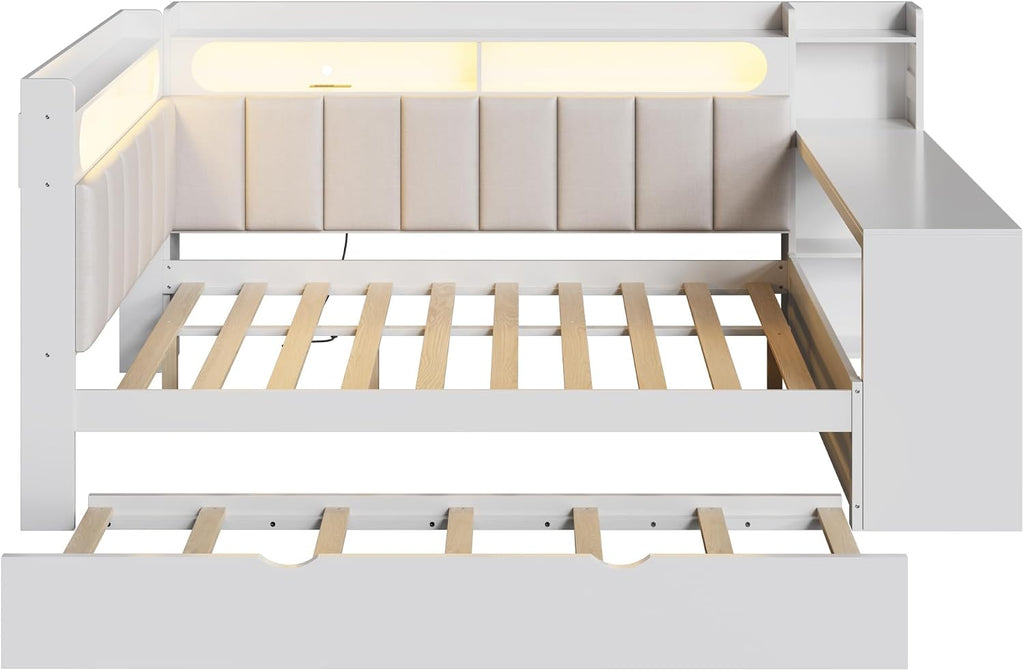 SOFTSEA Full Size Corner Bed with Desk and Trundle, Wood L-Shaped Day Bed with LED Lights, USB Ports & Upholstered Headboard, Full Corner Daybed for Kids Teens Adults, White