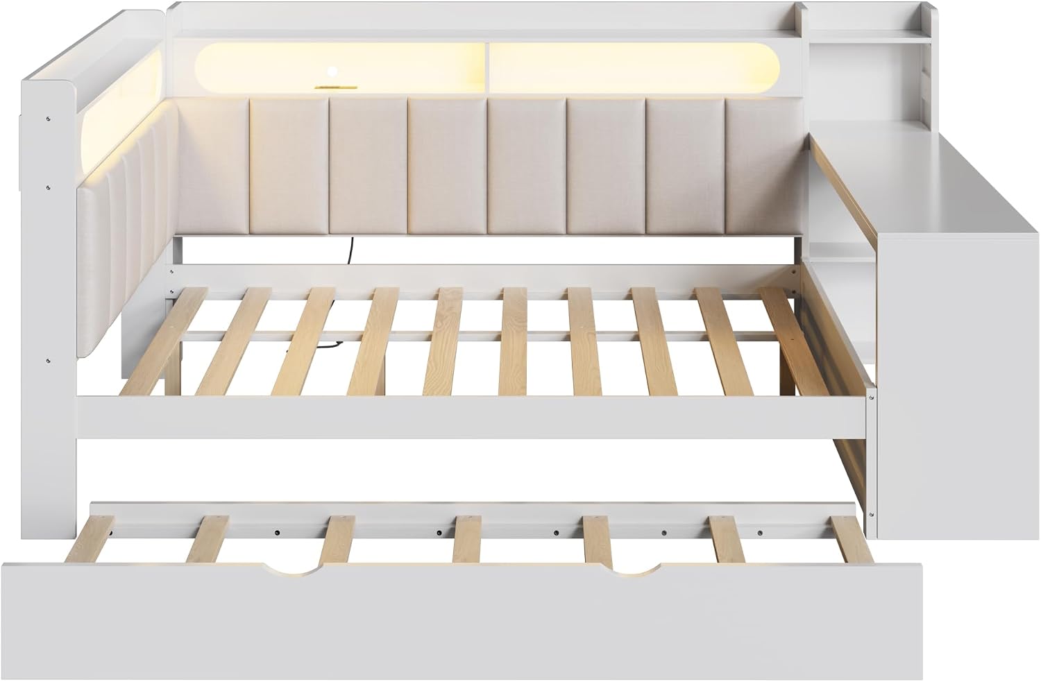 SOFTSEA Full Size Corner Bed with Desk and Trundle, Wood L-Shaped Day Bed with LED Lights, USB Ports & Upholstered Headboard, Full Corner Daybed for Kids Teens Adults, White