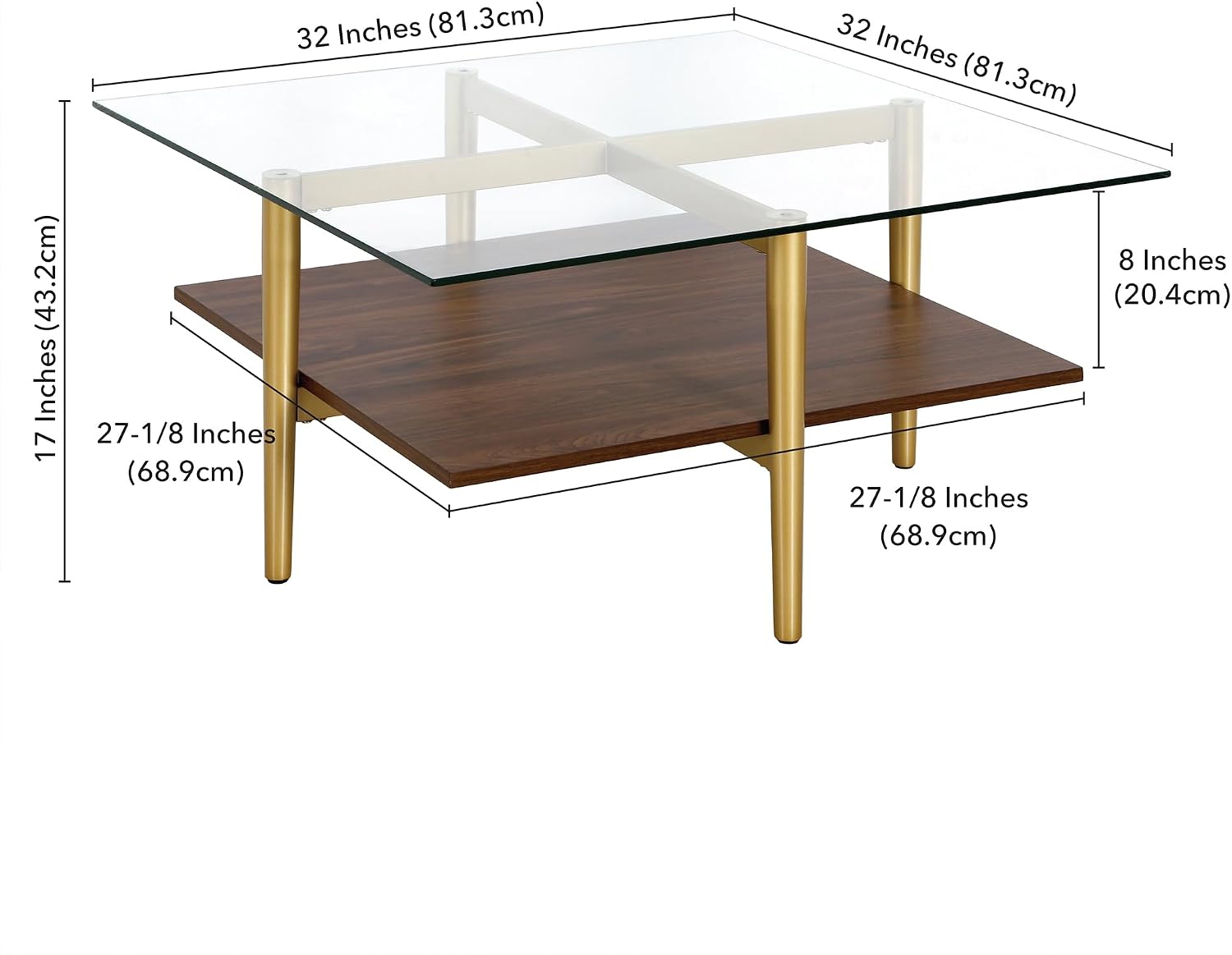 Otto 32' Wide Square Coffee Table with Faux Walnut Shelf in Brass