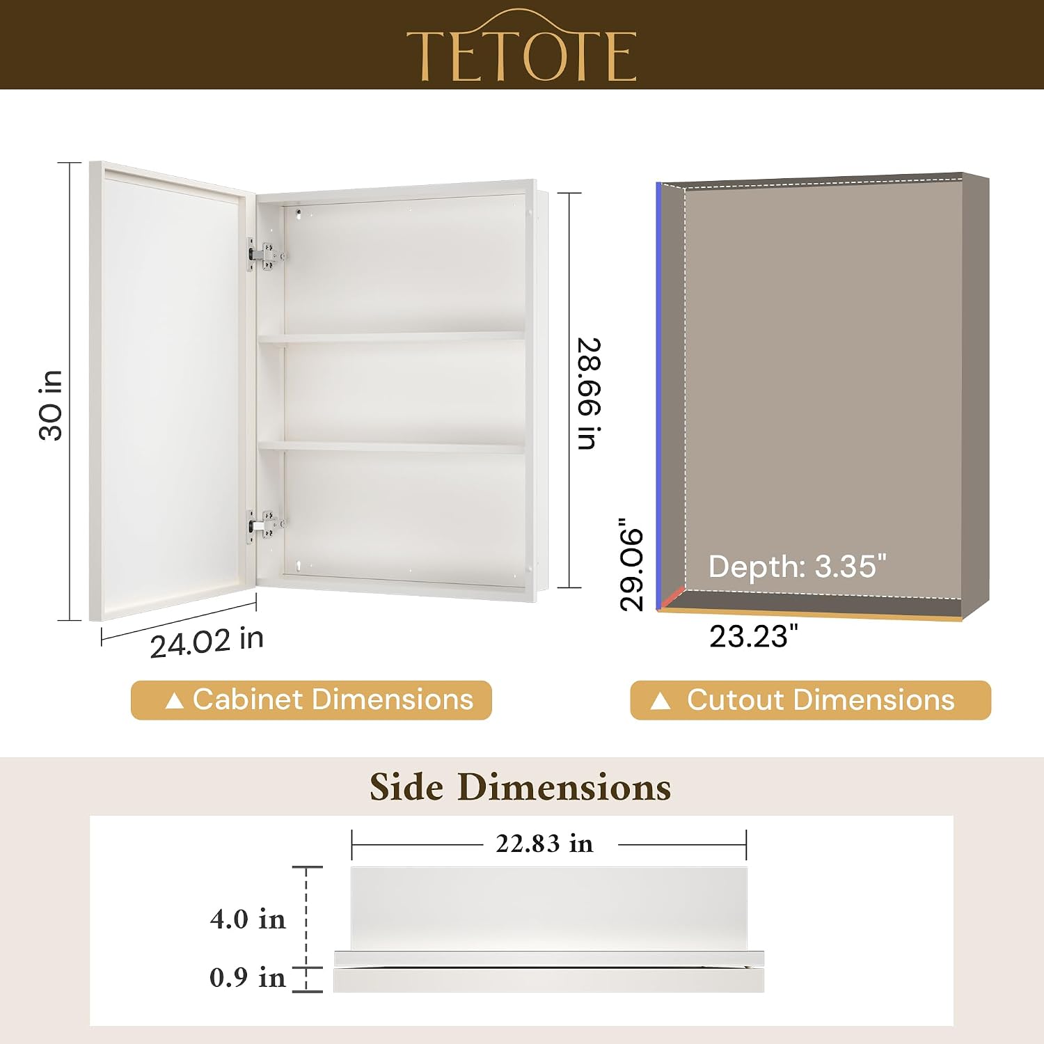 TETOTE Medicine Cabinet 24' x 30' Bathroom Mirror with Storage White Medicine Cabinet with Mirror for Bathroom, Beveled Framed, Adjustable Shelves, Surface Mount or in Wall