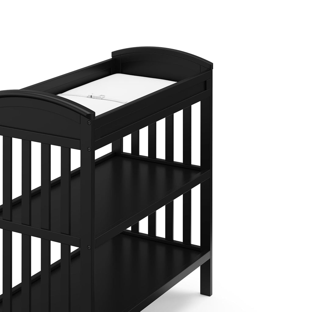 Graco Benton Changing Table with Bonus Water-Resistant Changing Pad (Black) - GREENGUARD Gold Certified, Includes Diaper Change Pad with Safety Strap, 2 Open Storage Shelves for Organizing
