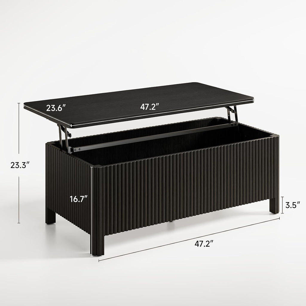 ONBRILL Fluted Lift Top Coffee Table with Storage, Mid Century Modern Coffee Table with Hidden Compartment, Rising Top Wood Center Table for Living Room, Home Office, Rounded Edges (Black)