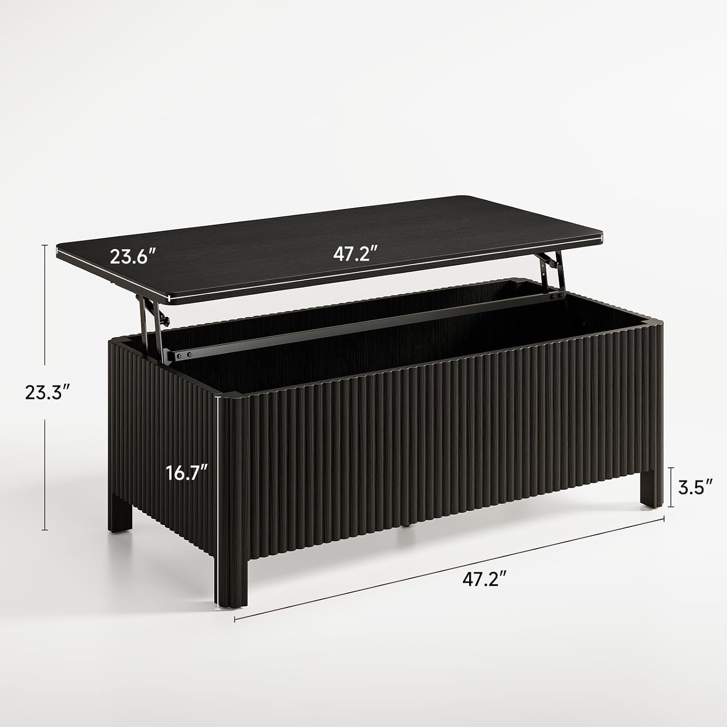 ONBRILL Fluted Lift Top Coffee Table with Storage, Mid Century Modern Coffee Table with Hidden Compartment, Rising Top Wood Center Table for Living Room, Home Office, Rounded Edges (Black)